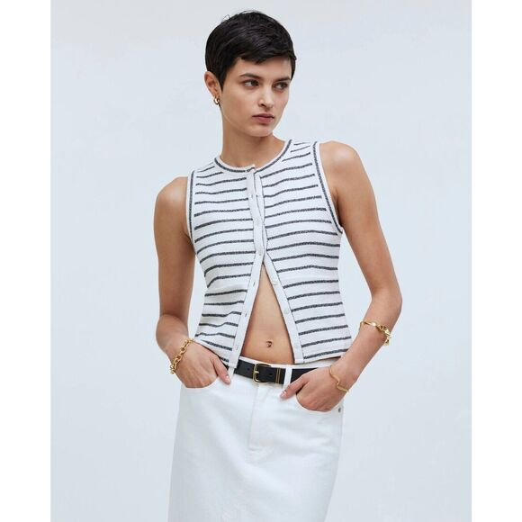MADEWELL Split-Crewneck Cardigan Tank WHITE NAVY STRIPE NWT SIZE M - Picture 2 of 7